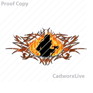 fire,police,ems,EMT,emergency,rescue,hero,Stock Art File: fp70005,clipart,lineart,vector clip art,line art,t-shirt,designs,silk,screen,teeshirts,screen-printing,embroidery,logo,mascot,Fireman with axes in front of flames with tribal crest design.