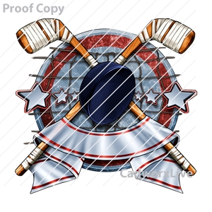 hockey,sports,ice,skating,goalie,rink,puck,Stock Art File: hky40012,clipart,lineart,vector clip art,line art,t-shirt,designs,silk,screen,teeshirts,screen-printing,embroidery,logo,mascot,Hockey crest banner design with hockey sticks, puck and stars with net.
