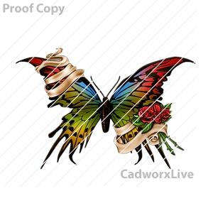motorcycle,biker,chopper,bike,hog,tattoo,butterfly,wings,roses,flower,Stock Art File: mc90003,clipart,lineart,vector clip art,line art,t-shirt,designs,silk,screen,teeshirts,screen-printing,embroidery,logo,mascot,Butterfly tattoo with colorful wings and roses.
