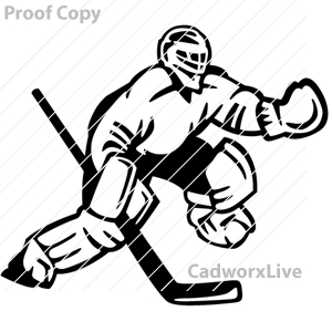 hockey,sports,teams,goalie,puck,stick,player,Hockey player in uniform,clipart,lineart,vector clip art,line art,t-shirt,designs,silk,screen,teeshirts,screen-printing,embroidery,logo,mascot,hockey player in full uniform with hockey stick. Hockey goalie guarding goal with safety pads and hockey stick.
