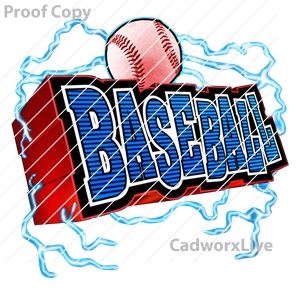 baseball,sports,MLB,Stock Art File: bb30031,clipart,lineart,vector clip art,line art,t-shirt,designs,silk,screen,teeshirts,screen-printing,embroidery,logo,mascot,Baseball text in blue stripes and red extruded outline with lightning background.