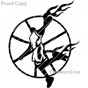 Basketball, sports, flames, fire, player, dunk,Basketball player on fire,clipart,lineart,vector clip art,line art,t-shirt,designs,silk,screen,teeshirts,screen-printing,embroidery,logo,mascot,Scoring basketball player with hand and foot on fire jumping and dunking with basketball shape in background.