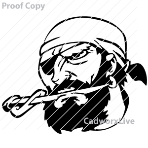 people,mascots,sports,captain hook, blackbeard, pirate, ship,Pirate,clipart,lineart,vector clip art,line art,t-shirt,designs,silk,screen,teeshirts,screen-printing,embroidery,logo,mascot,Pirate with black beard and head wrap, holding a knife in his mouth.