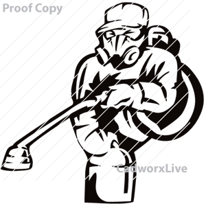 cutups,occupations,exterminator,hazmat,vaccuumm,sprayer,cleaner,gas mask,Occupations, business,Exterminator,clipart,lineart,vector clip art,line art,t-shirt,designs,silk,screen,teeshirts,screen-printing,embroidery,logo,mascot,Exterminator or pest control worker with insecticide sprayer.