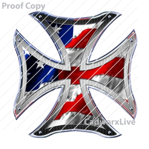 motorcycle,biker,chopper,bike,hog,cross,USA,America,Gothic,Stock Art File: mc90004,clipart,lineart,vector clip art,line art,t-shirt,designs,silk,screen,teeshirts,screen-printing,embroidery,logo,mascot,American flag biker cross with rivets, made of chrome or metal.